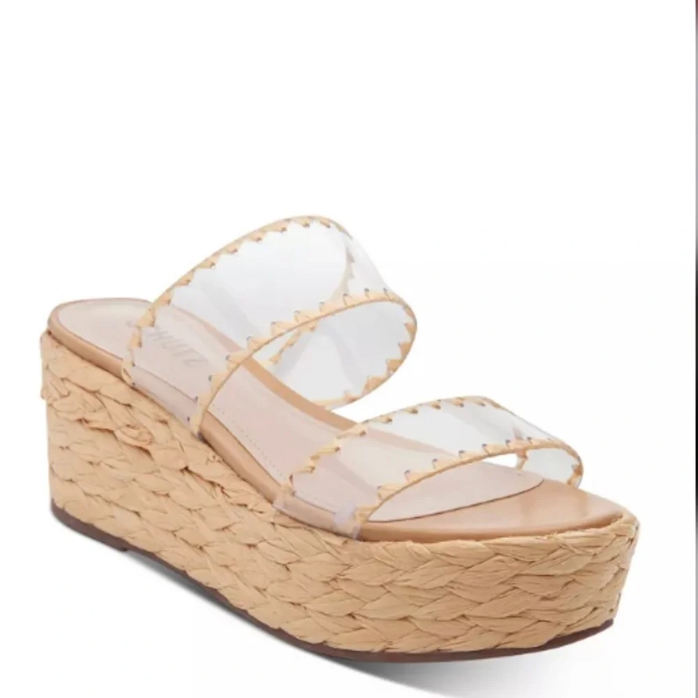 NEW-Schultz Royce Vinyl Raffia Wrapped Platform Espadrille Mule Sandals Size 9.5